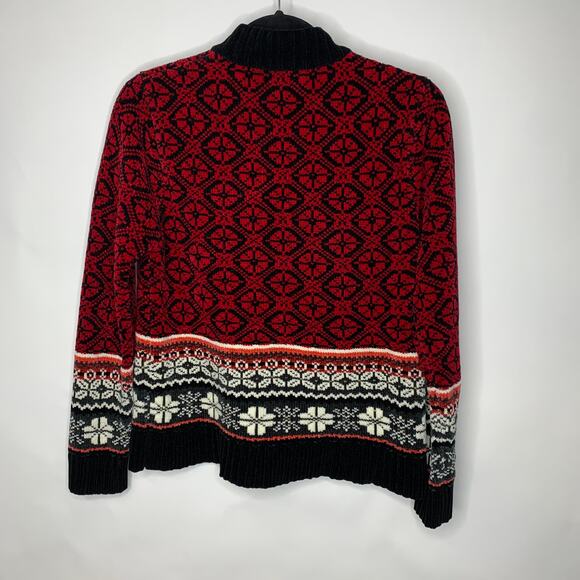 Vintage Chenille Zip Front Sweater Fair Isle Design Sz Medium Red - Picture 2 of 5